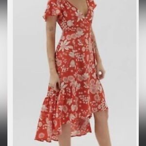 Orange & White Floral High Low Wrap Dress